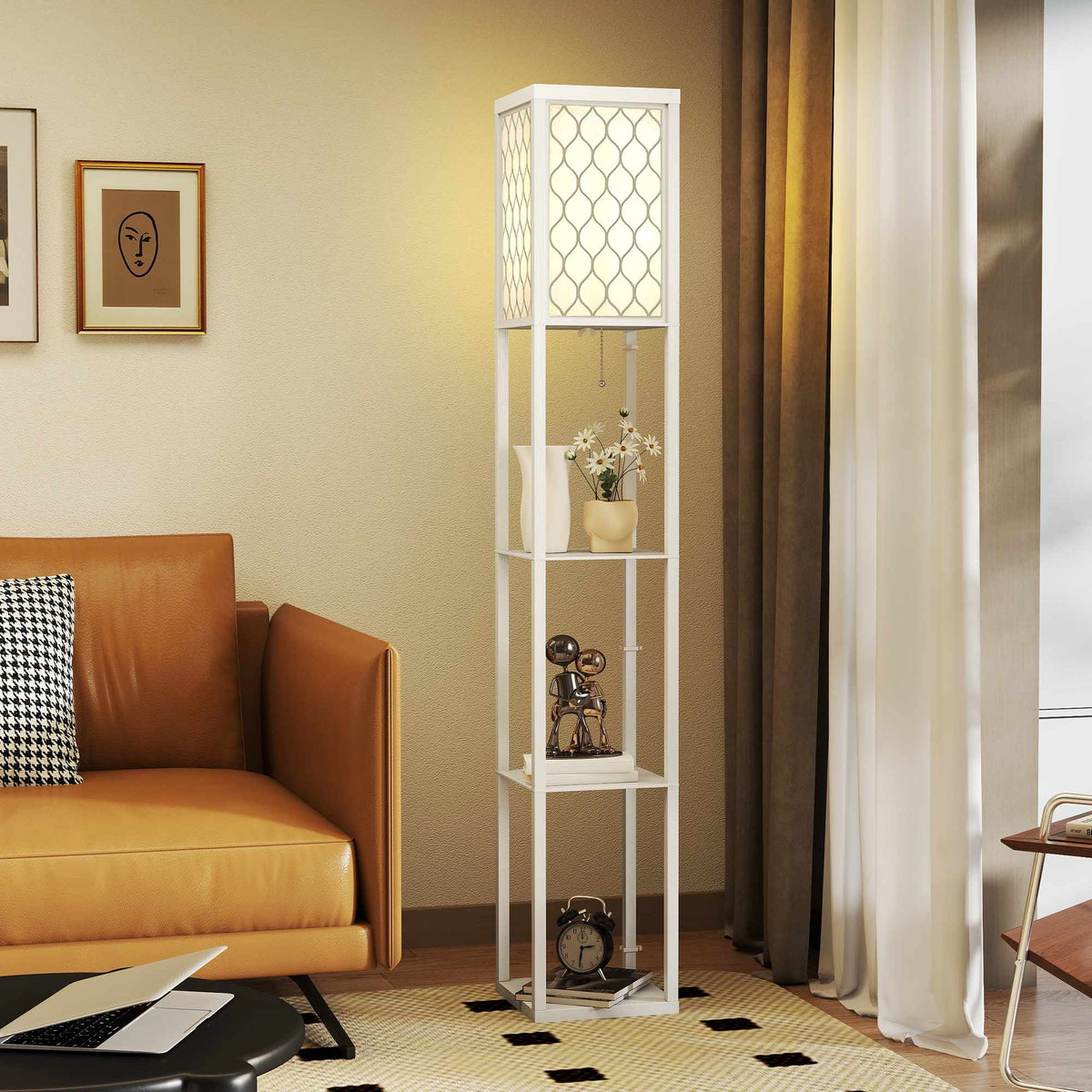 Floor Lamp with Shelf, 3 Tiers, MDF, White