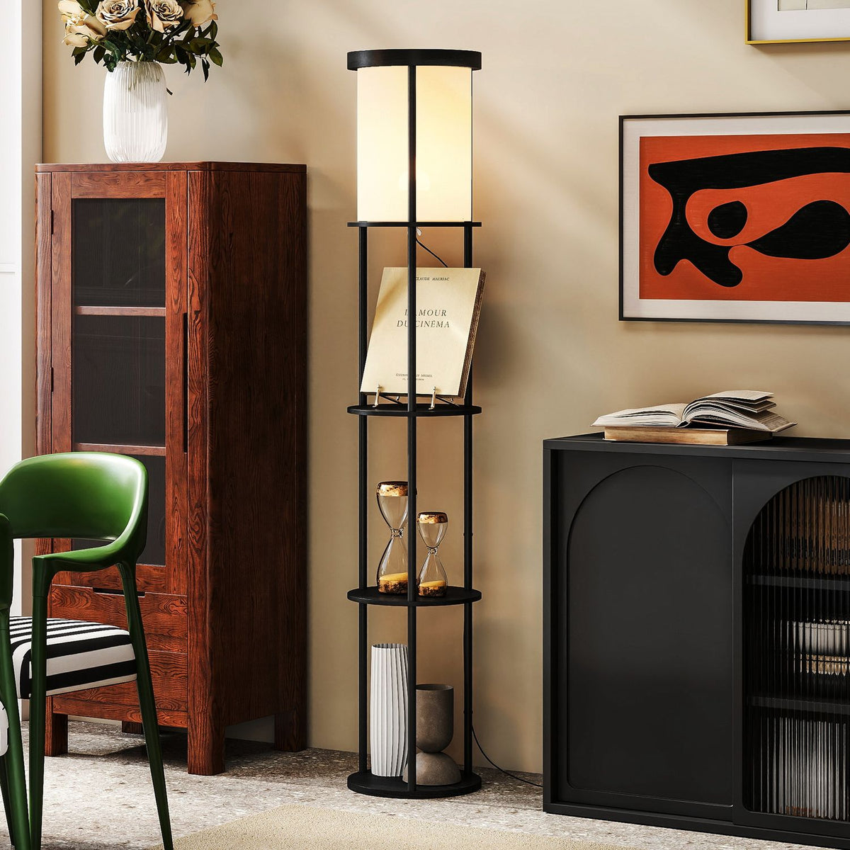 Floor Lamp with Shelves, Remote Control, Adjustable Light, Black