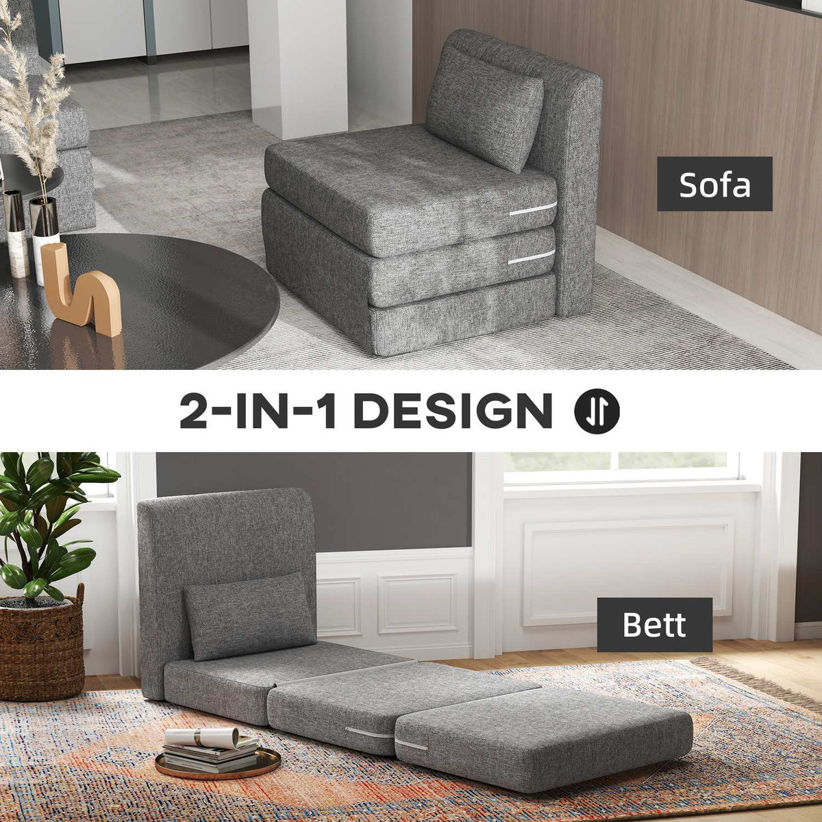 Floor chair 2-in-1 folding sofa bed with linen look, padded floor chair can hold up to 240 kg for living room, bedroom, gray