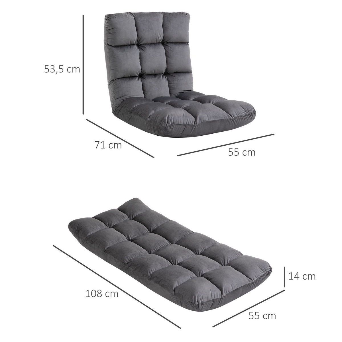 Floor chair 3-in-1 folding floor chair backrest 13 positions seat cushion gray metal foam 55x71x53.5cm