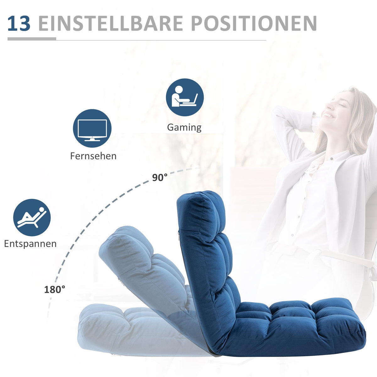 Floor chair 3-in-1 folding floor chair with backrest, 13 positions, seat cushion, metal, foam, 55x71x53.5cm