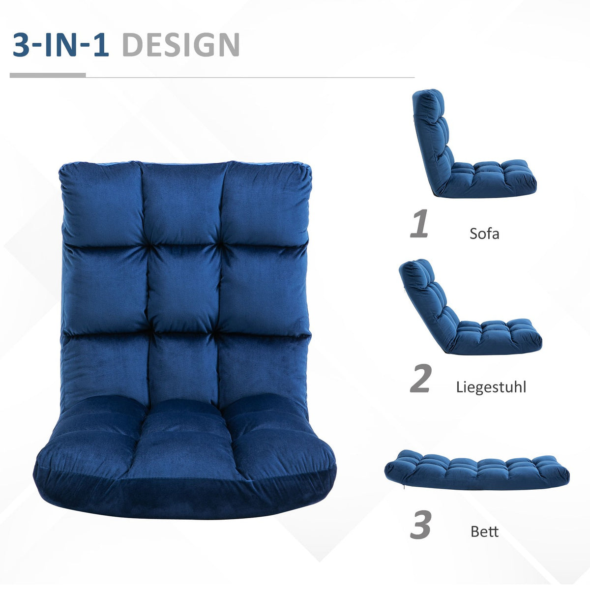 Floor chair 3-in-1 folding floor chair with backrest, 13 positions, seat cushion, metal, foam, 55x71x53.5cm