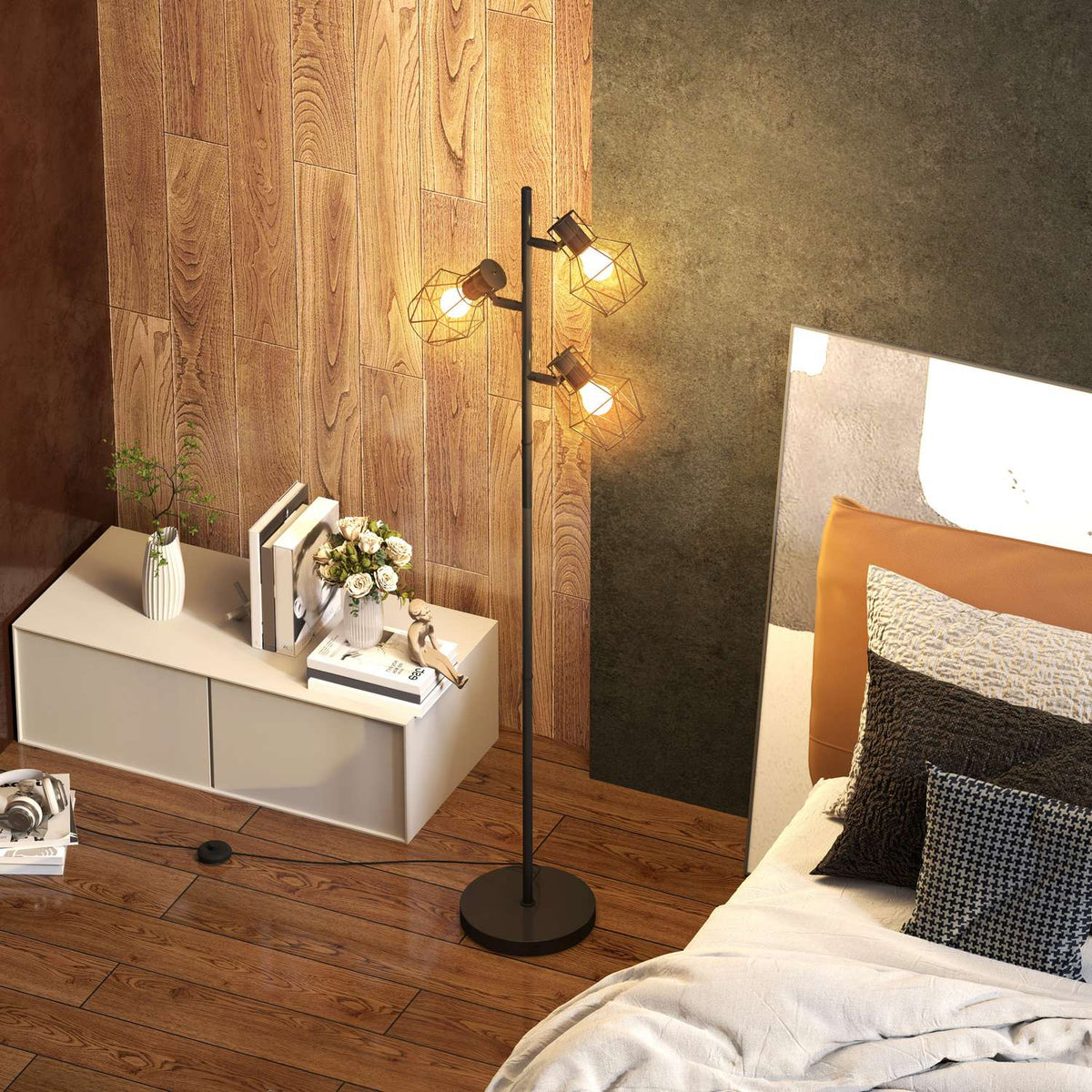 Floor lamp, floor lamp with 3 E27 sockets, 40 W floor lamp with 3 adjustable flames, for living room, height 169 cm, metal, excluding light bulb, black