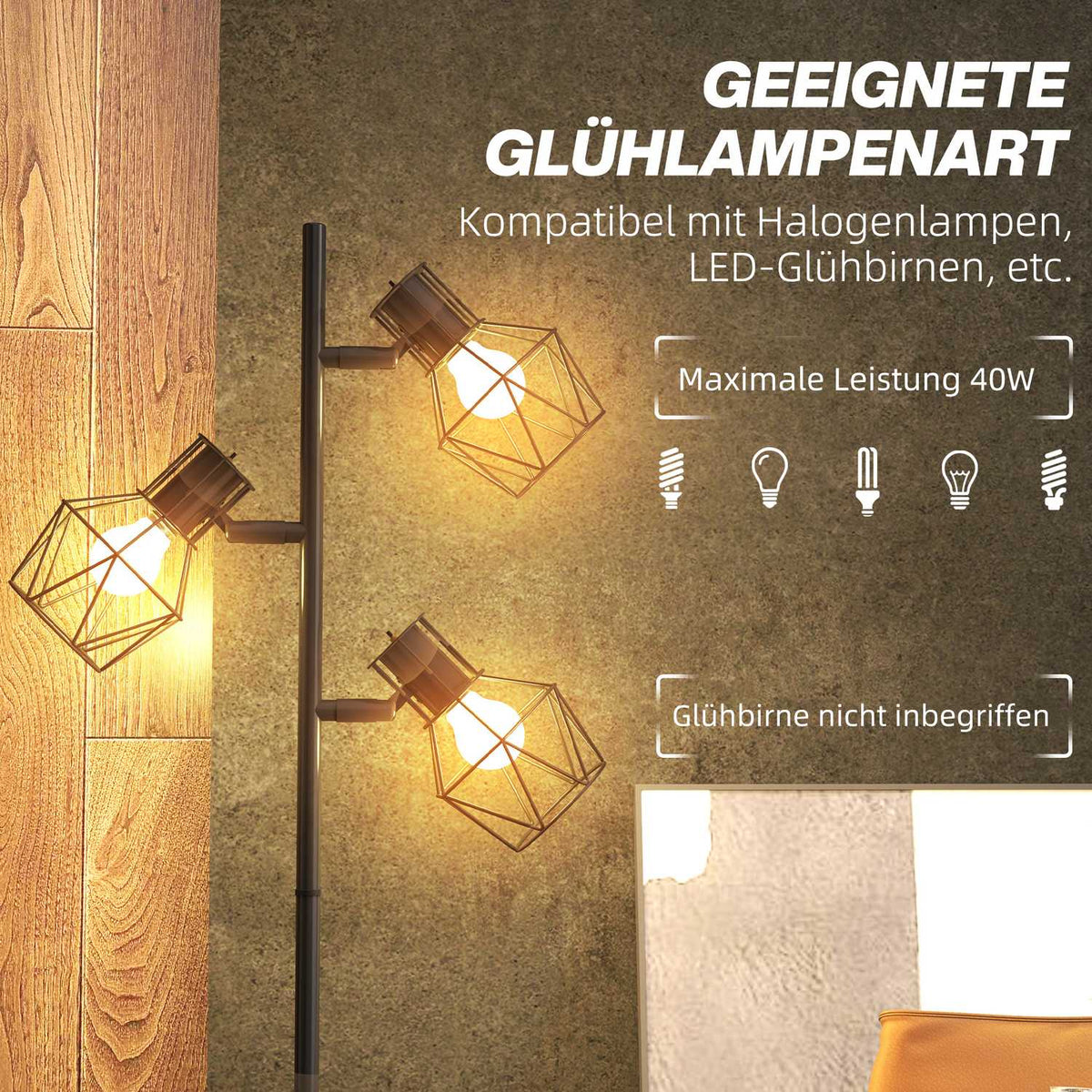 Floor lamp, floor lamp with 3 E27 sockets, 40 W floor lamp with 3 adjustable flames, for living room, height 169 cm, metal, excluding light bulb, black