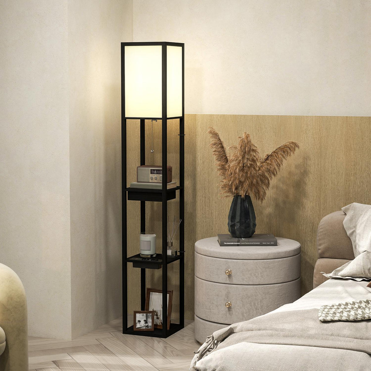 Floor lamp, floor lamp with 3 compartments, E27 base, floor lamp with fabric lampshade, USB-A, USB-C ports for living room, white + black, excl. light bulb |