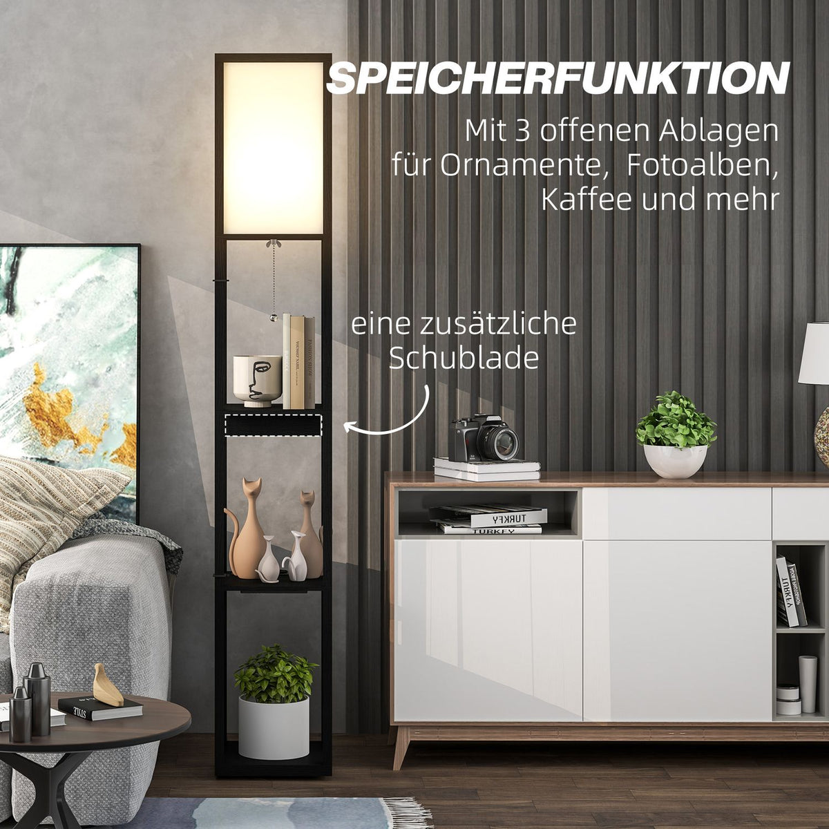 Floor lamp, floor lamp with 3 compartments, E27 base, floor lamp with fabric lampshade, USB-A, USB-C ports for living room, white + black, excl. light bulb |