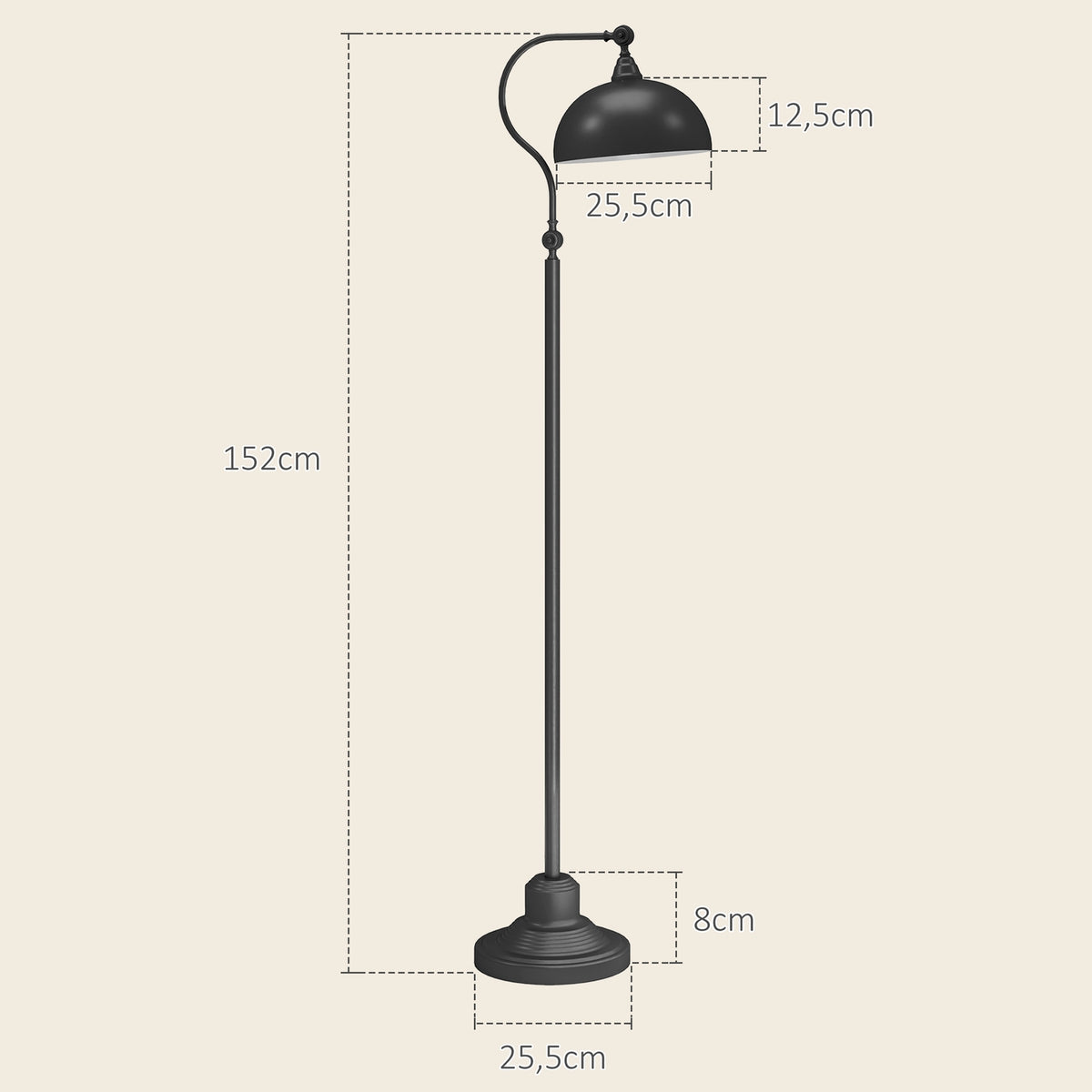 Floor lamp, floor lamp with E27 socket, adjustable lampshade, 40 W, arc lamp in retro design, stable stand, metal, 42 x 25.5 x 152 cm, black
