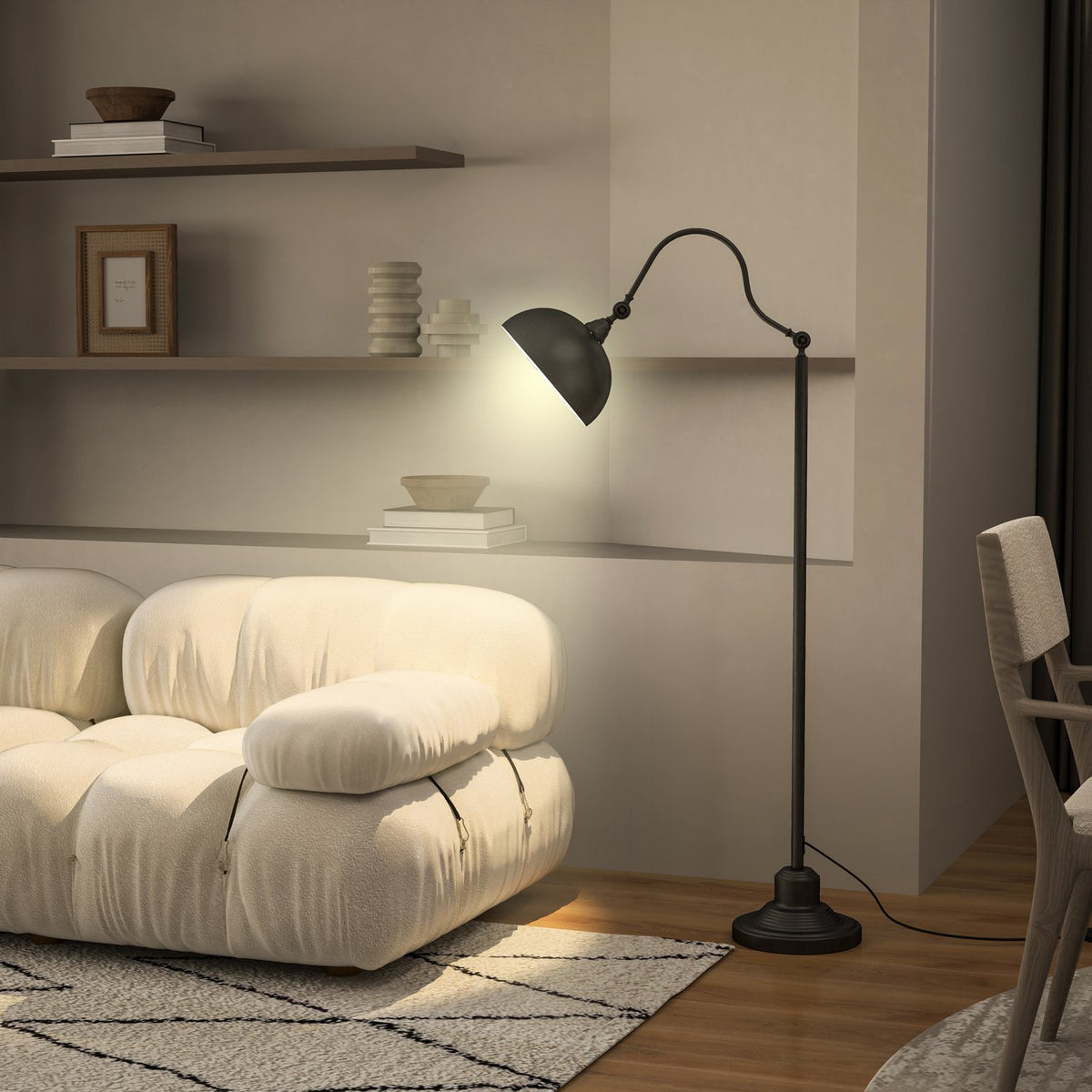Floor lamp, floor lamp with E27 socket, adjustable lampshade, 40 W, arc lamp in retro design, stable stand, metal, 42 x 25.5 x 152 cm, black