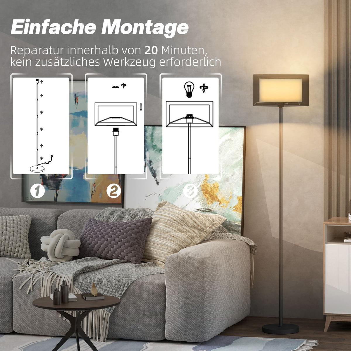Floor lamp, floor lamp with E27 socket, two-tone fabric lampshade, floor lamp with foot switch, floor lamp for living room, bedroom, excluding bulb, black |