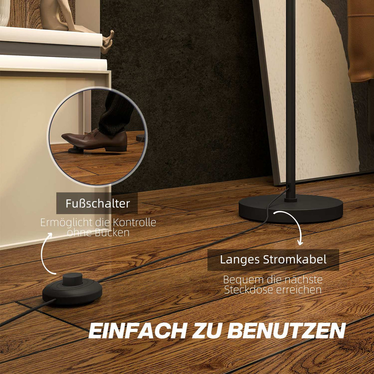 Floor lamp, floor lamp with E27 socket, two-tone fabric lampshade, floor lamp with foot switch, floor lamp for living room, bedroom, excluding bulb, black |