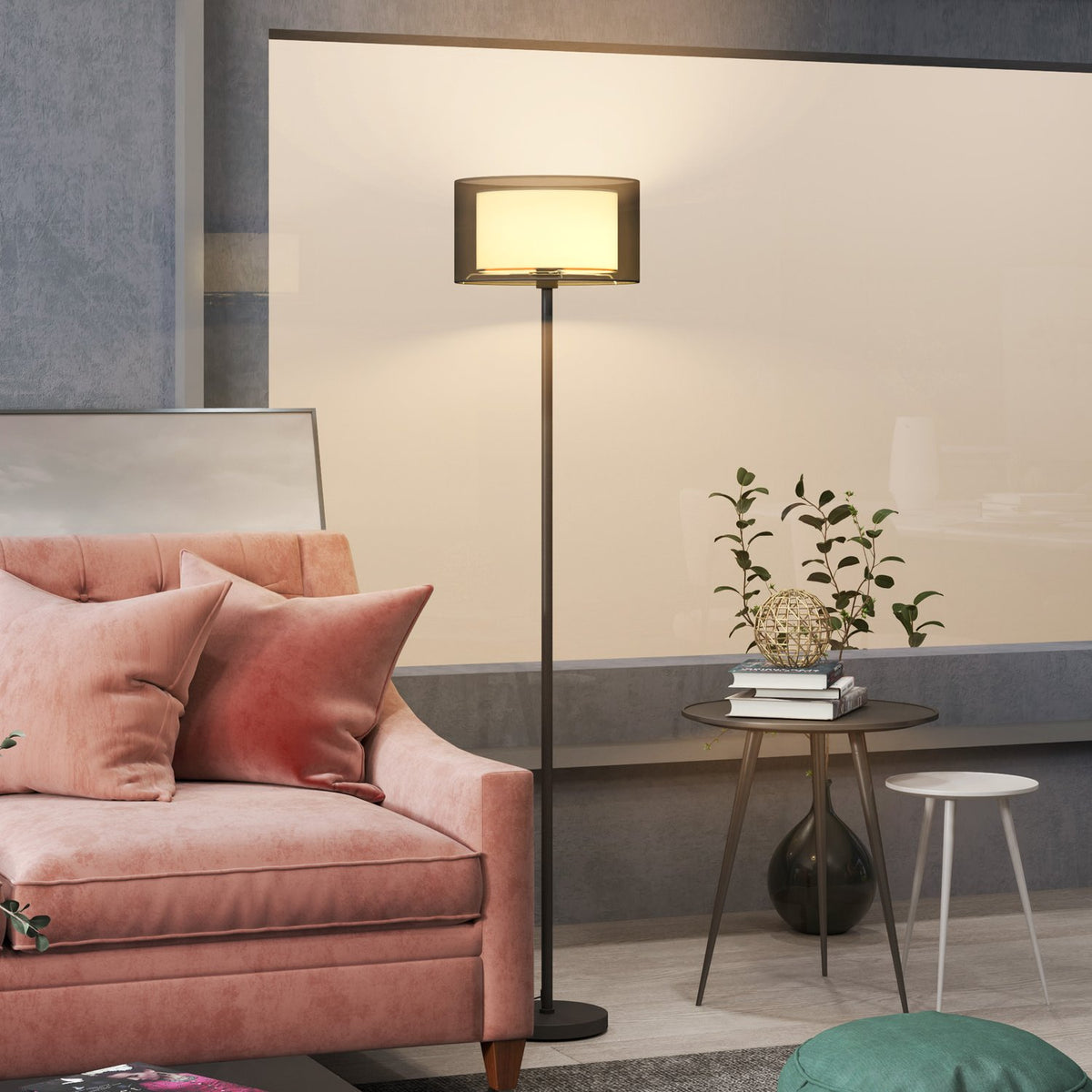 Floor lamp, floor lamp with E27 socket, two-tone fabric lampshade, floor lamp with foot switch, floor lamp for living room, bedroom, excluding bulb, black |