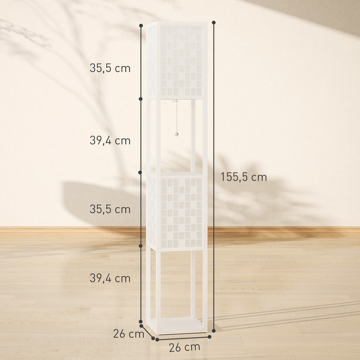 Floor lamp, grid pattern, 2-tier shelves, for various light bulbs, white