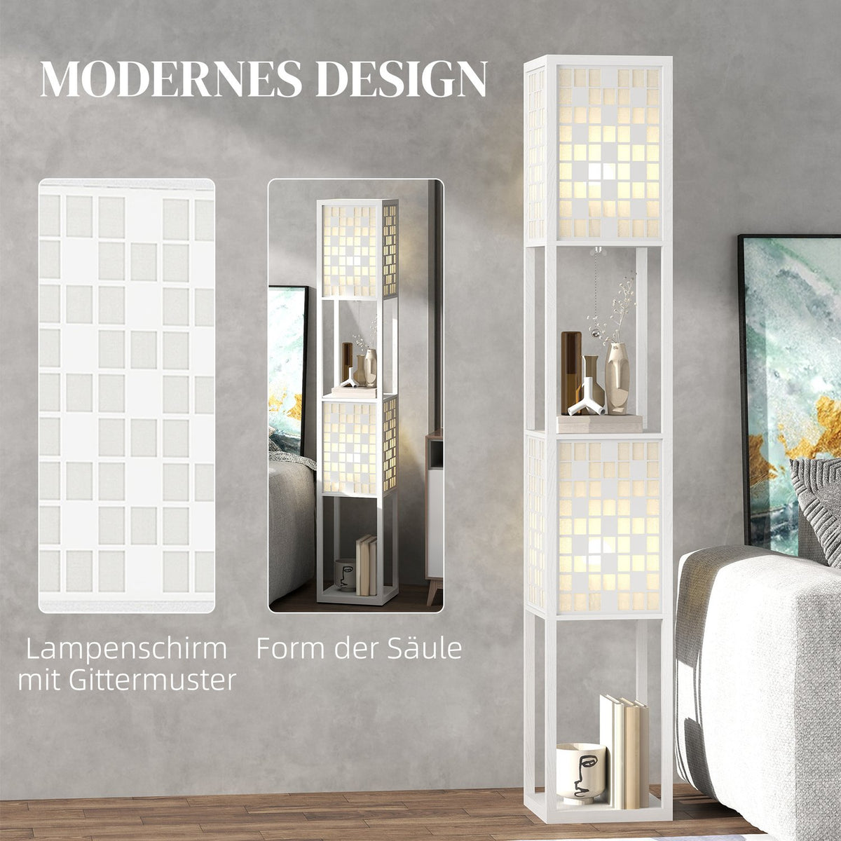 Floor lamp, grid pattern, 2-tier shelves, for various light bulbs, white