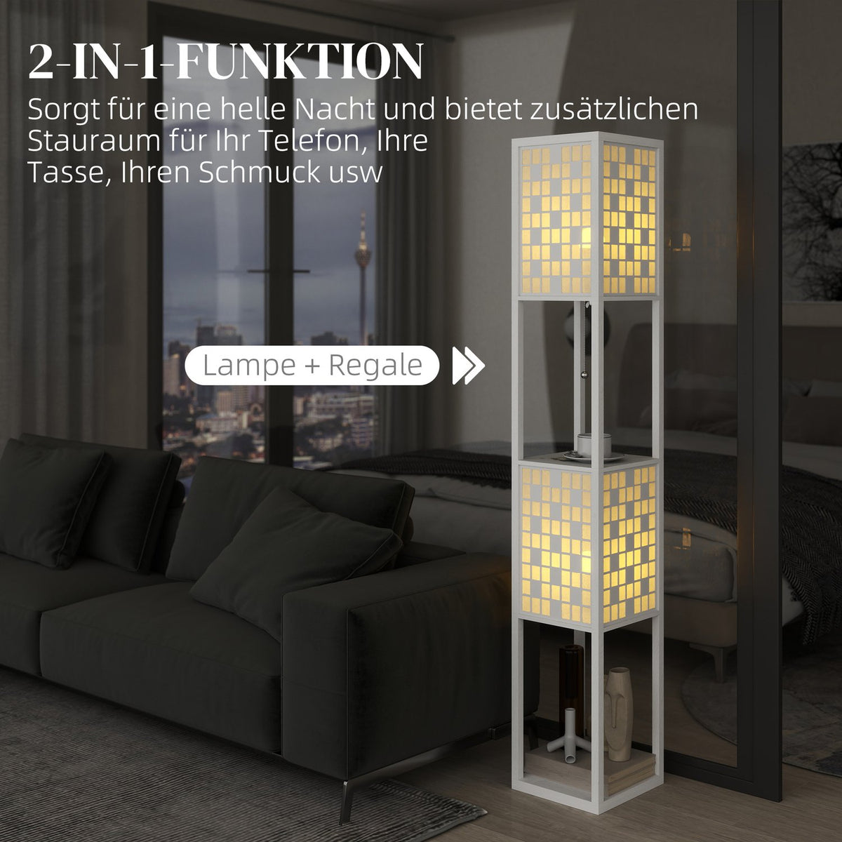 Floor lamp, grid pattern, 2-tier shelves, for various light bulbs, white