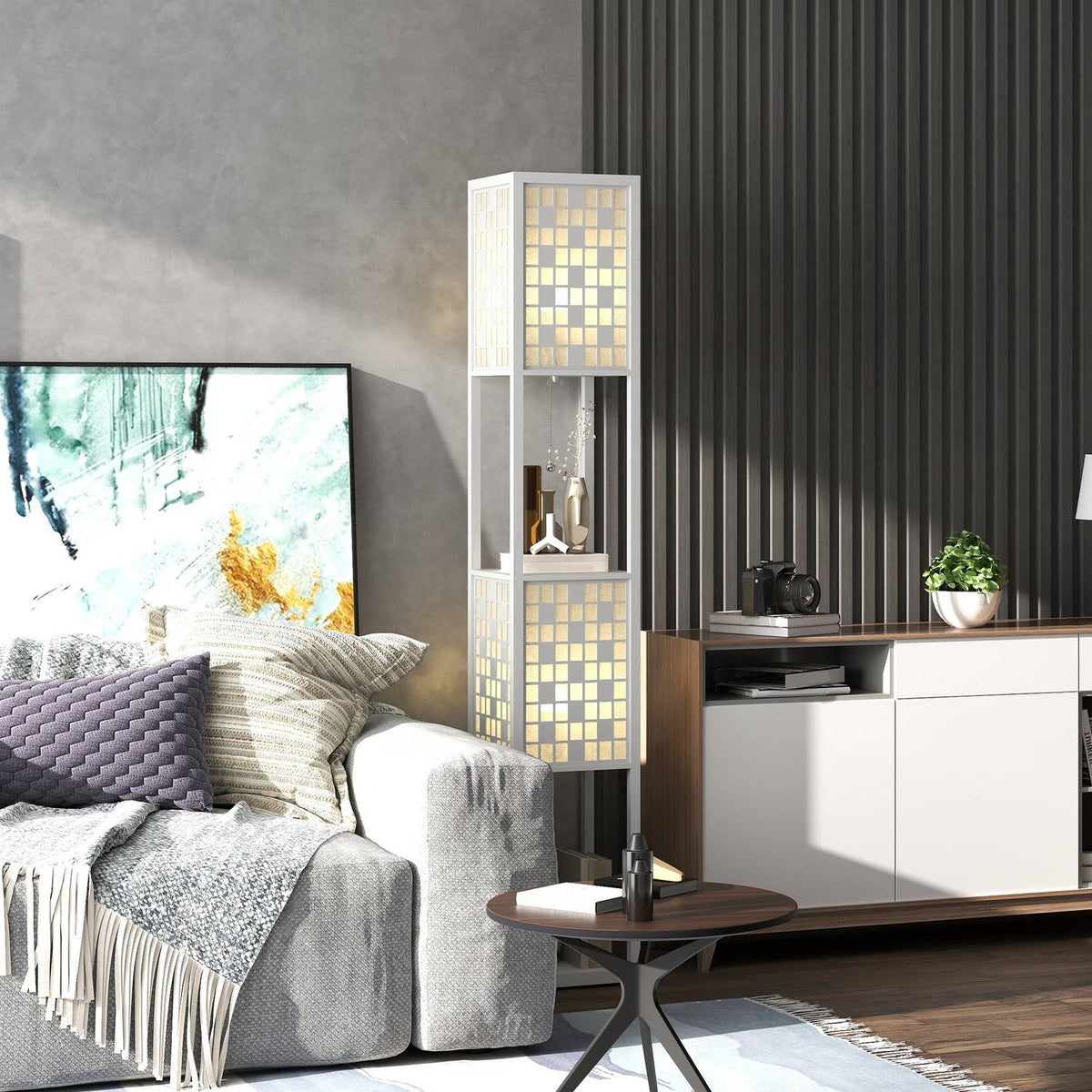 Floor lamp, grid pattern, 2-tier shelves, for various light bulbs, white
