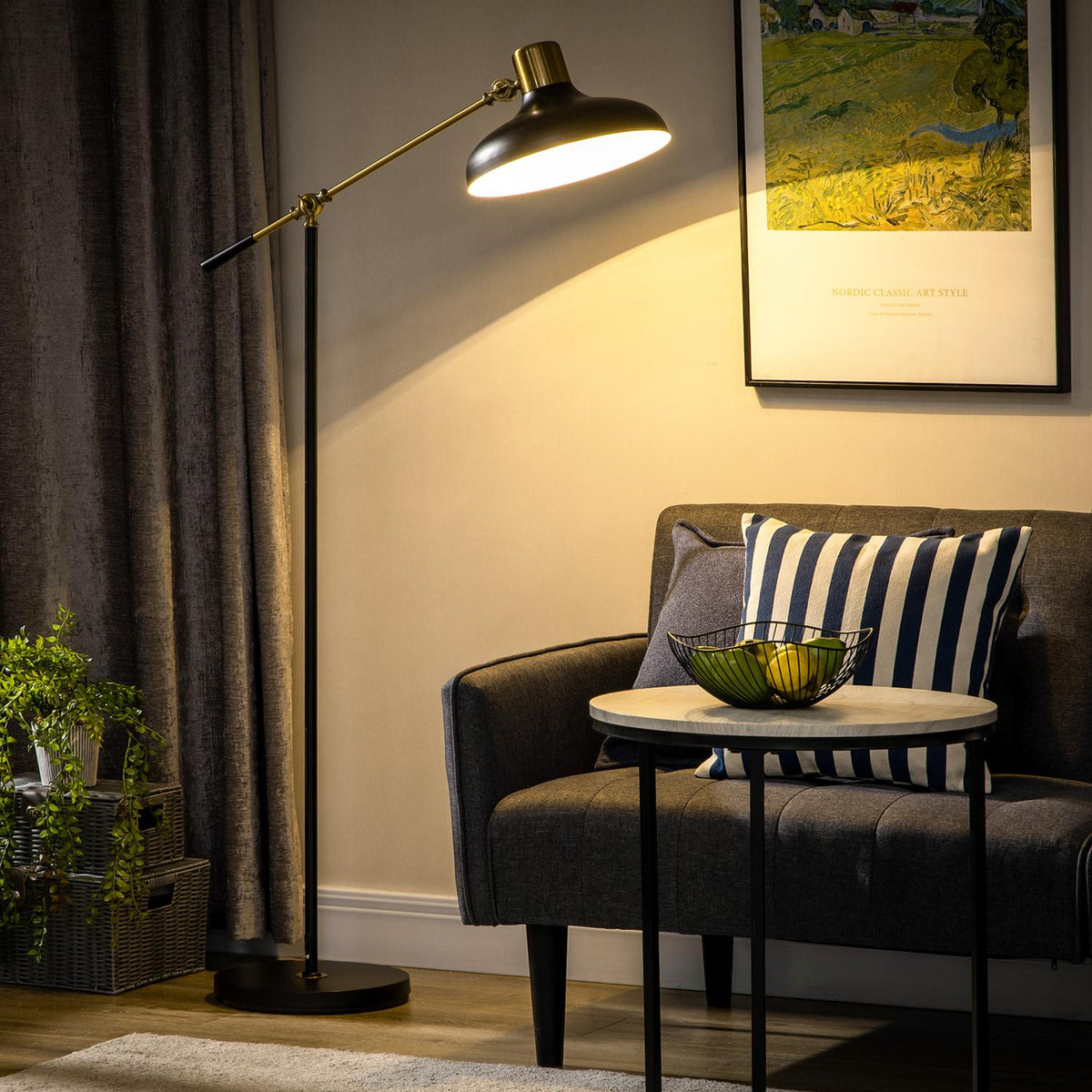 Floor lamp, height-adjustable floor lamp, 40 W swiveling floor lamp, arc lamp, reading lamp with E27 base, for living room, black