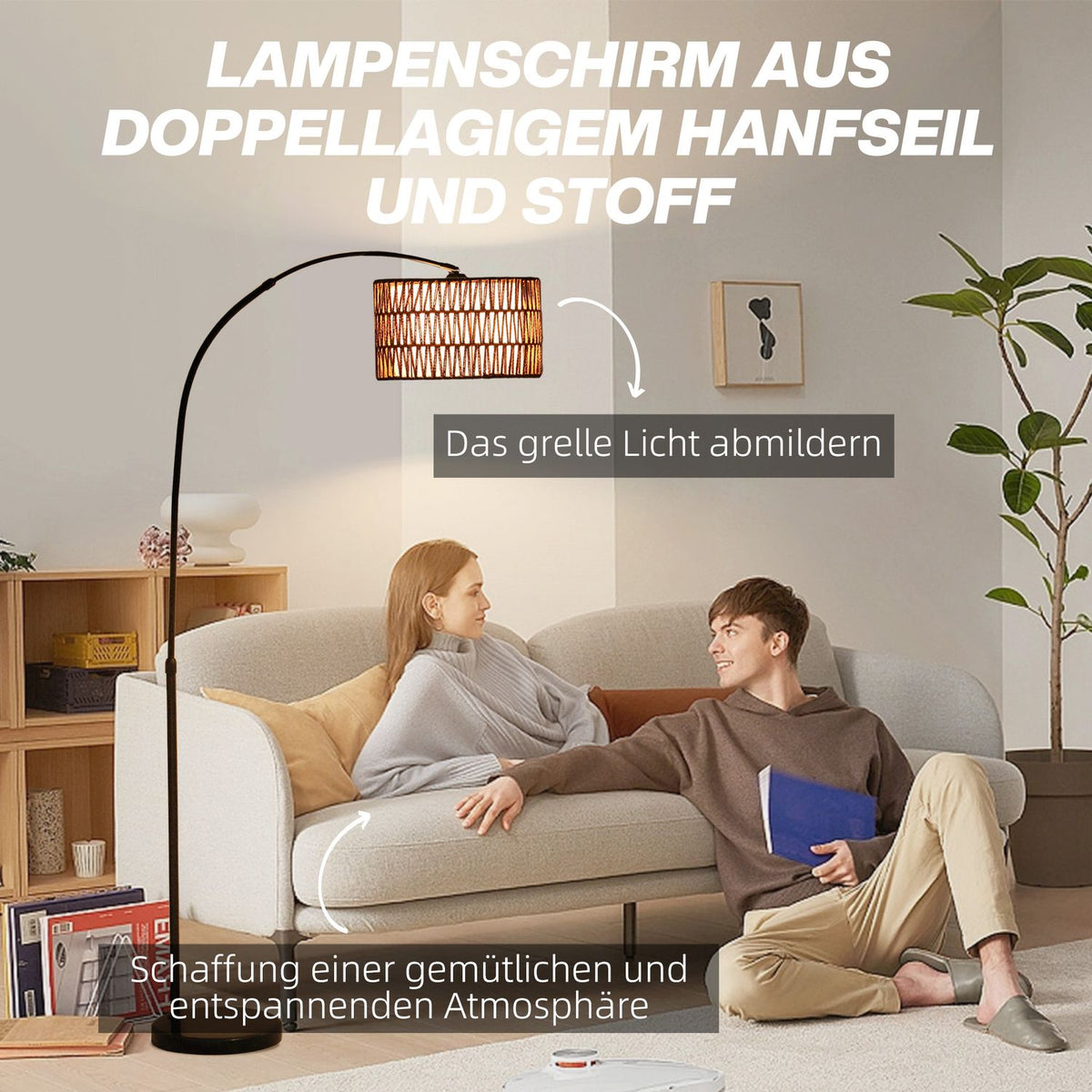 Floor lamp living room floor lamp with linen lampshade, floor lamp with E27 socket, foot switch, height adjustable arc lamp for bedroom, black, excl. light bulb |