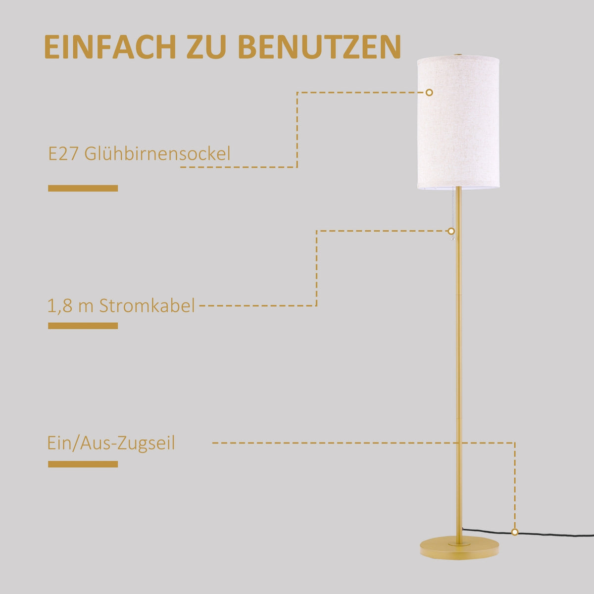 Floor lamp living room floor lamp with linen lampshade, pull chain switch, floor lamp with steel stand, E27 socket floor lamp for bedroom, cream white