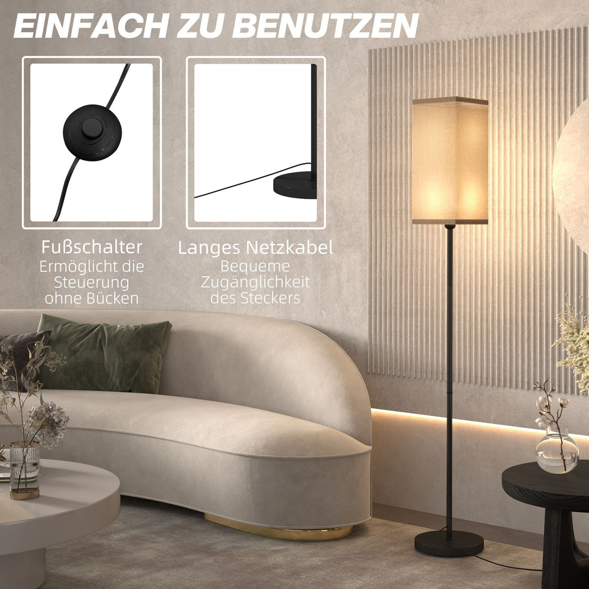 Floor lamp, modern floor lamp with foot switch, shade with linen look, floor lamp for living room, bedroom, excl. light bulb, black