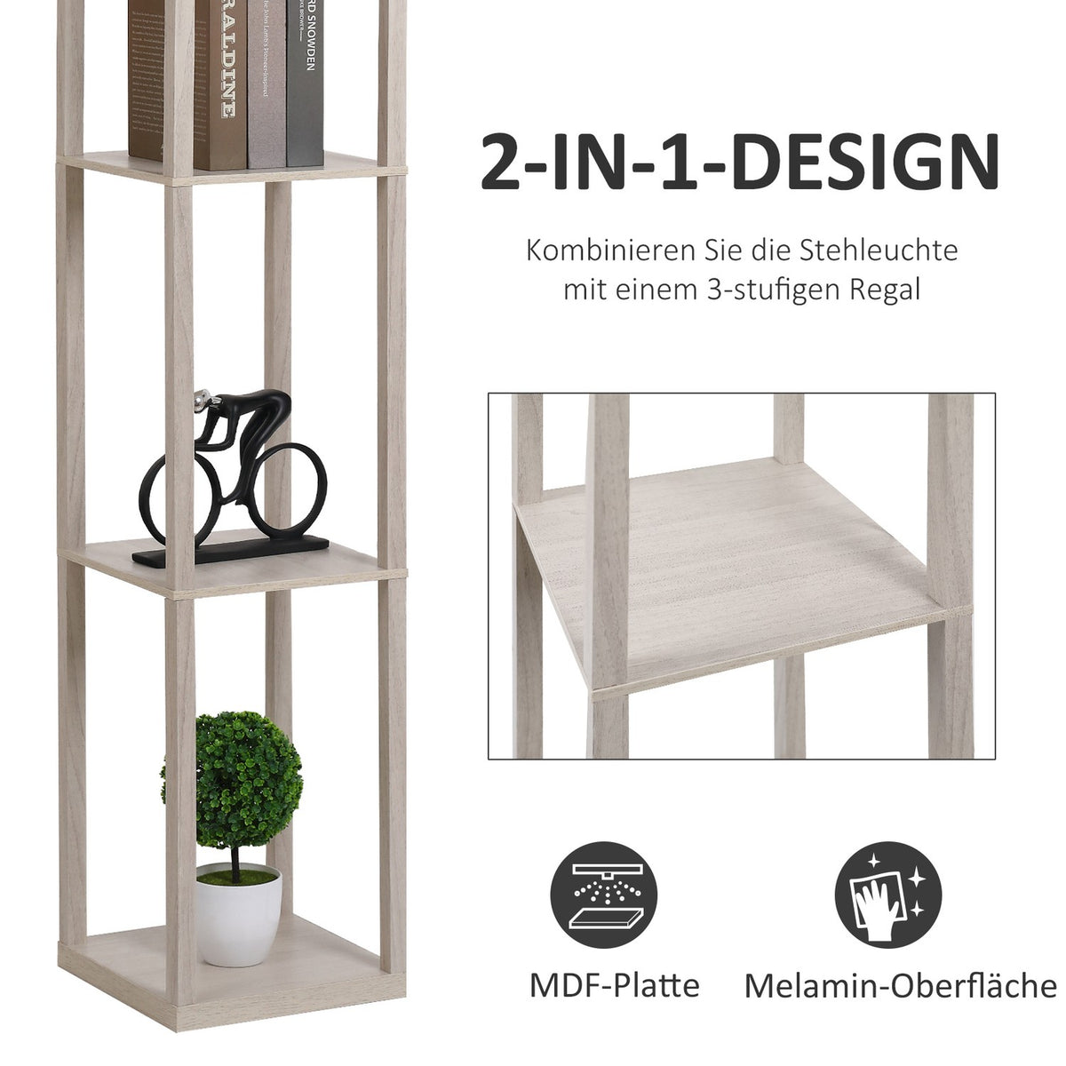 Floor lamp with 3 shelves floor lamp, interior lighting, E27, up to 40W, E1-MDF, acrylic, oak+white, 26x26x160 cm