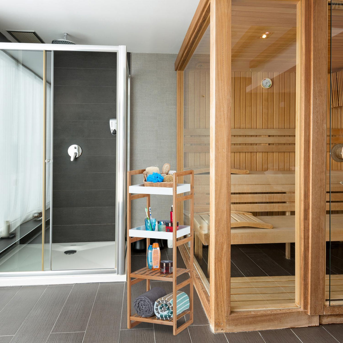 Floor shelf with 4 compartments for bathrooms