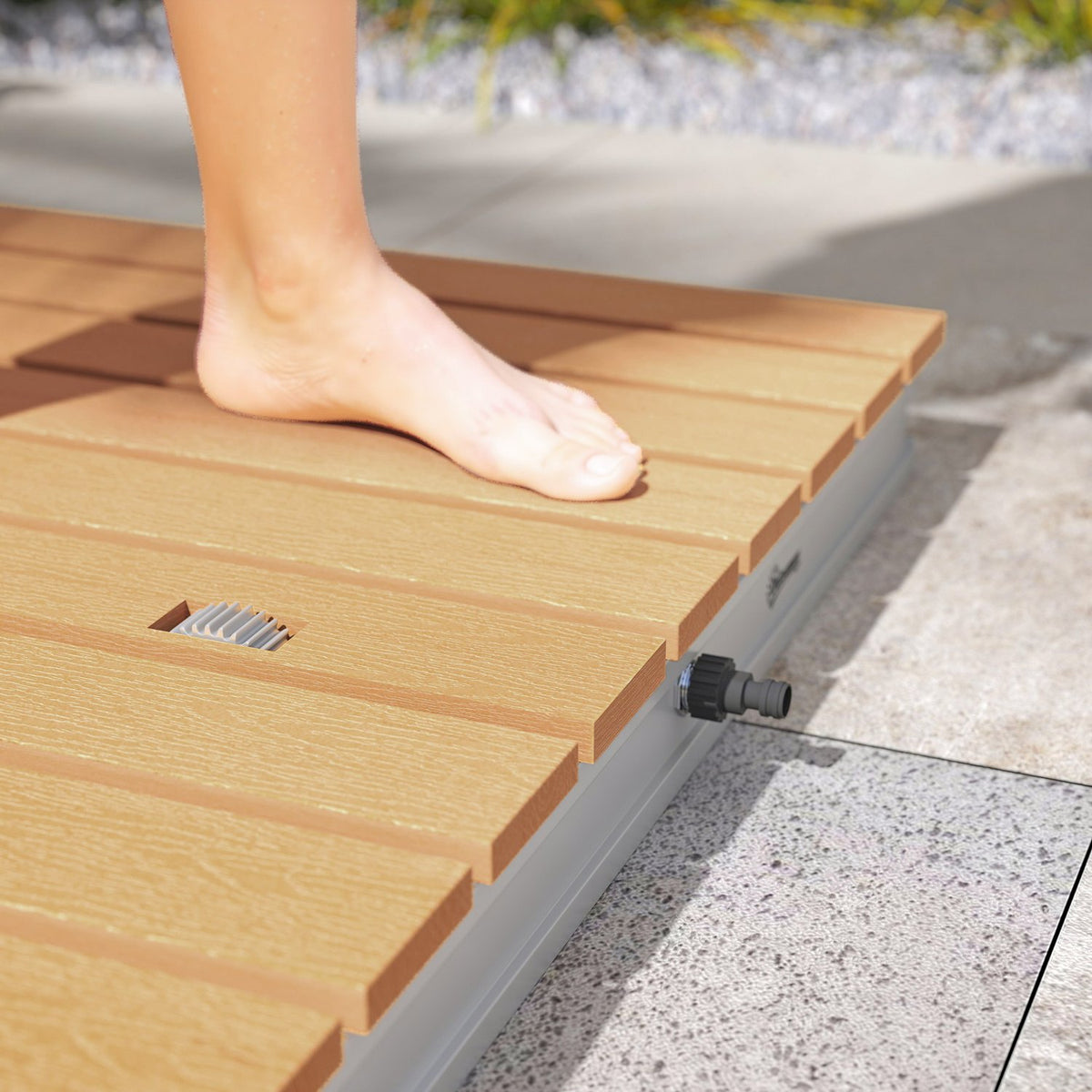 Floor shower garden shower with adjustable foot wheel aluminum up to 4 m fountain height 70 x 55 cm natural wood
