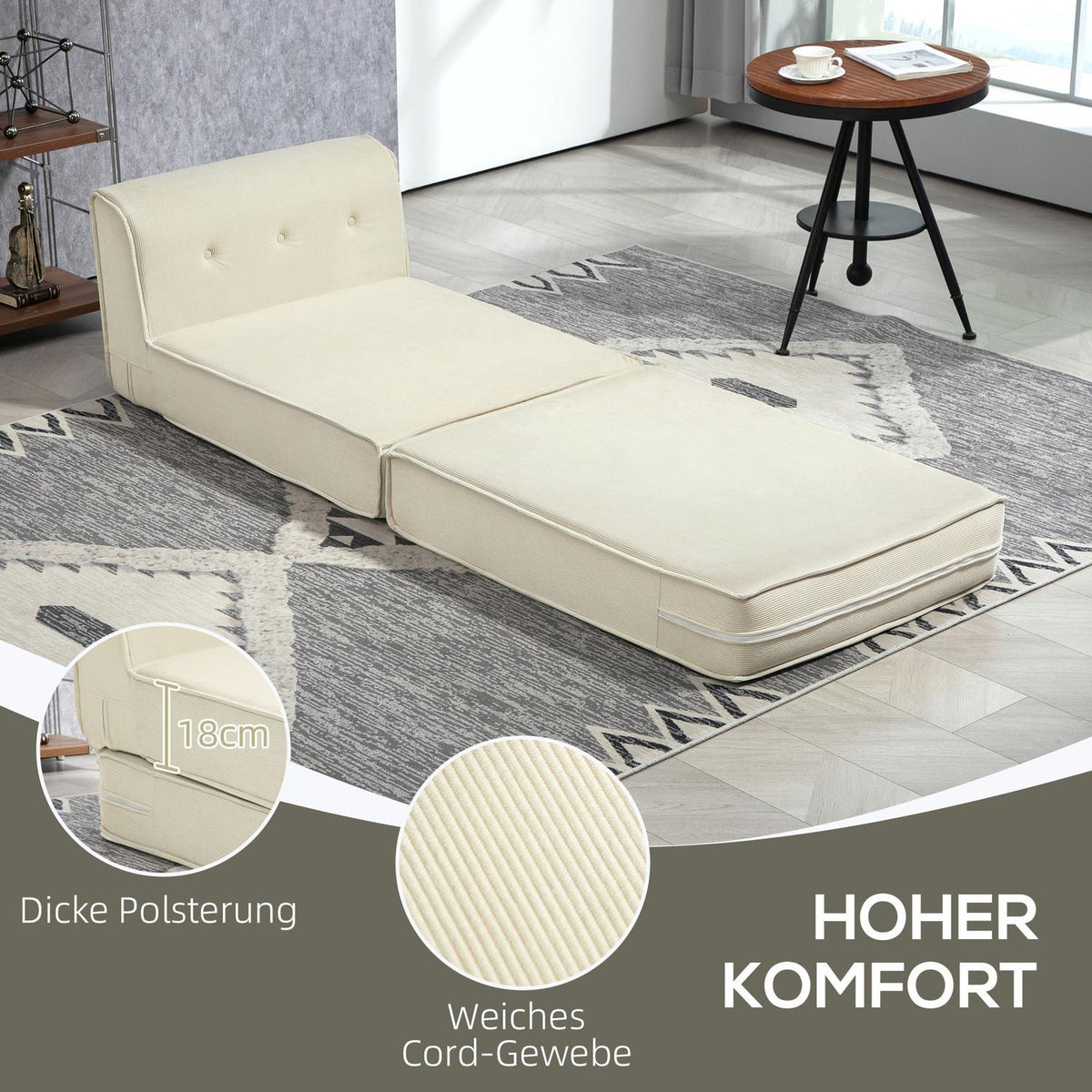 Floor sofa 2-in-1 folding sofa bed with corduroy look, upholstered sofa bed can hold up to 240 kg for living room, bedroom, cream white