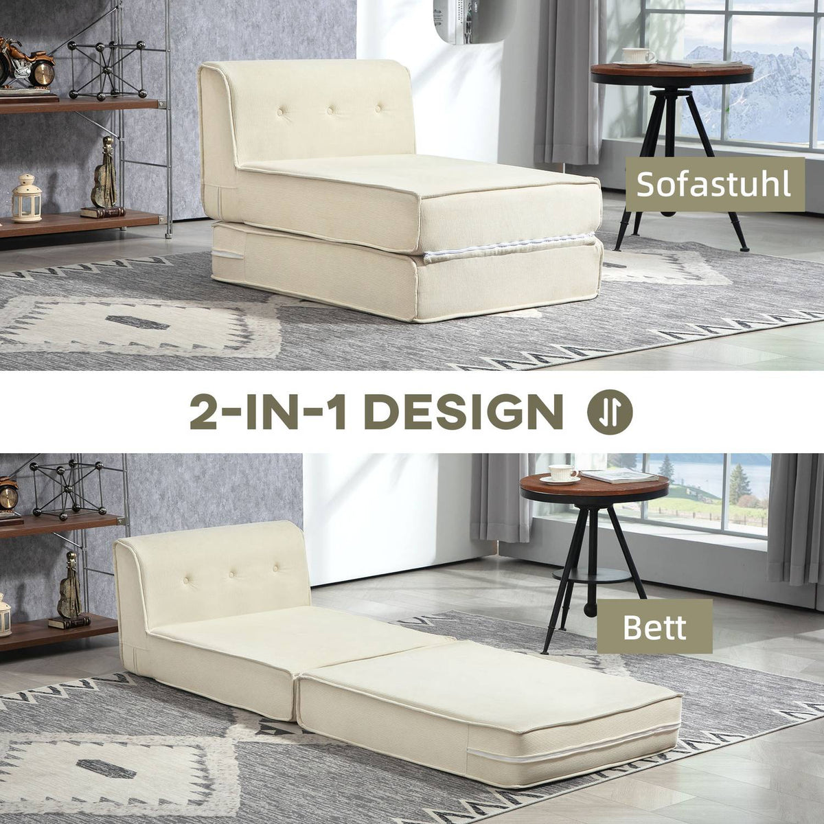 Floor sofa 2-in-1 folding sofa bed with corduroy look, upholstered sofa bed can hold up to 240 kg for living room, bedroom, cream white