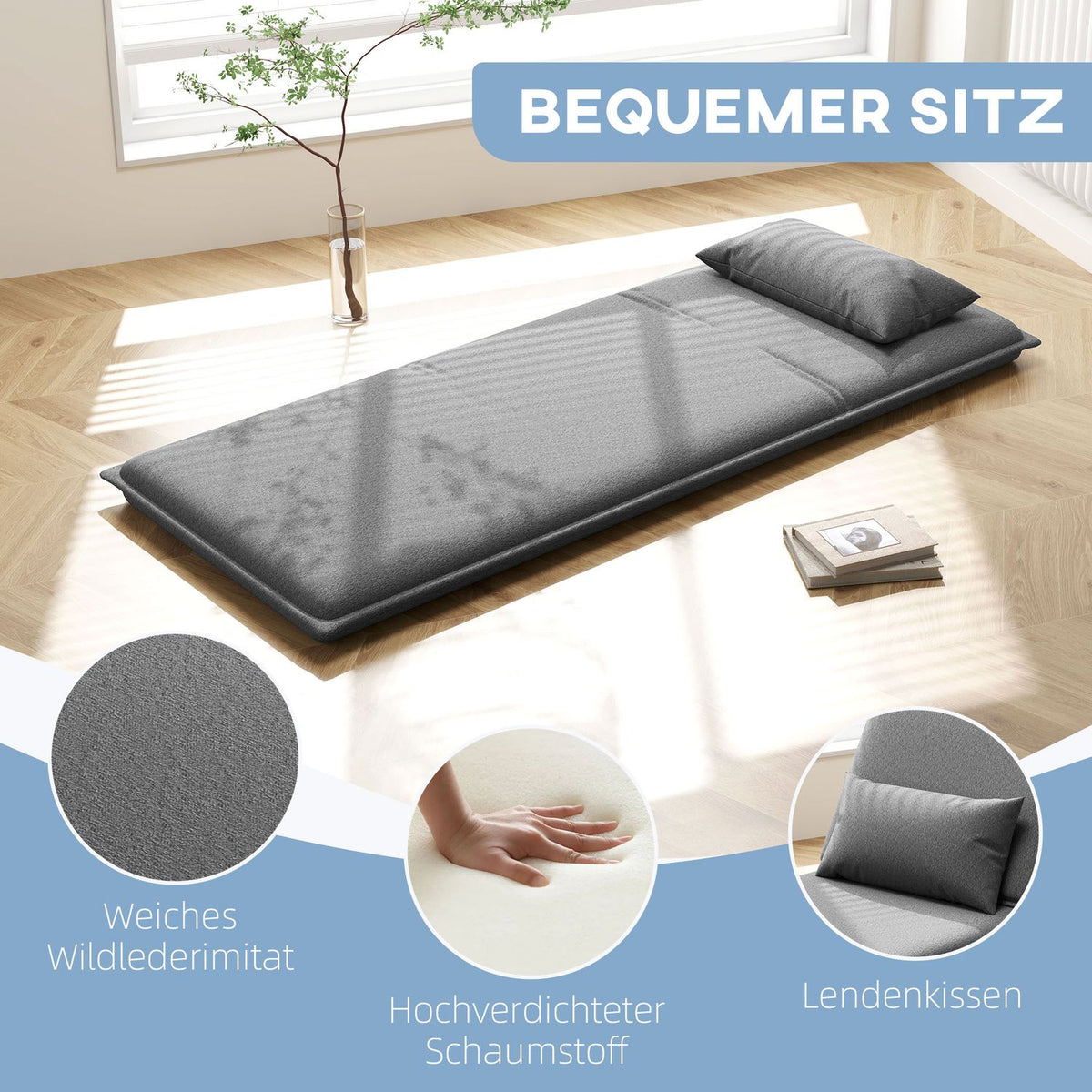Floor sofa 3-in-1 folding sofa bed, padded sofa bed with sleeping function, load capacity up to 150 kg, for bedroom, living room, dark gray