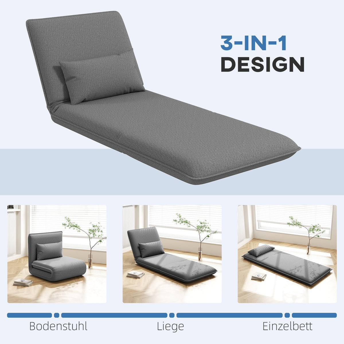 Floor sofa 3-in-1 folding sofa bed, padded sofa bed with sleeping function, load capacity up to 150 kg, for bedroom, living room, dark gray