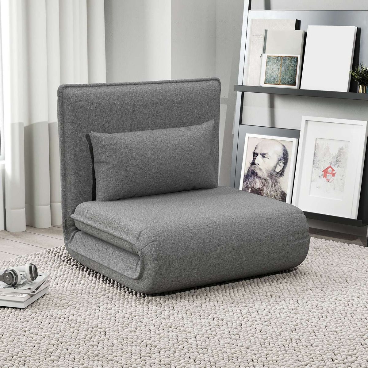 Floor sofa 3-in-1 folding sofa bed, padded sofa bed with sleeping function, load capacity up to 150 kg, for bedroom, living room, dark gray