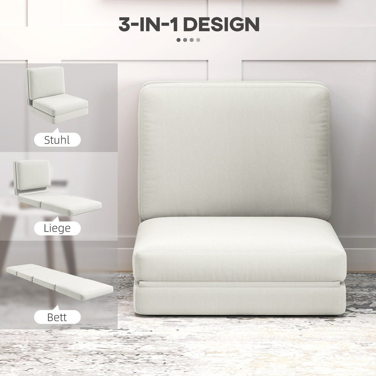 Floor sofa 3-in-1 folding sofa bed with velvet look, upholstered sofa bed can hold up to 240 kg, for bedroom, living room, cream white