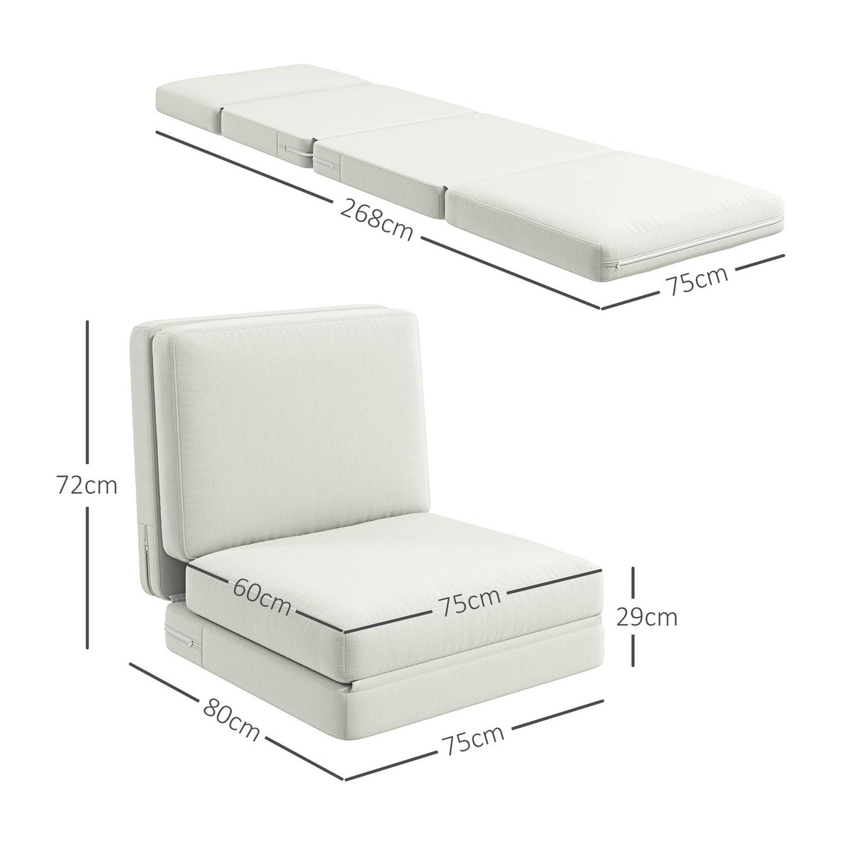 Floor sofa 3-in-1 folding sofa bed with velvet look, upholstered sofa bed can hold up to 240 kg, for bedroom, living room, cream white