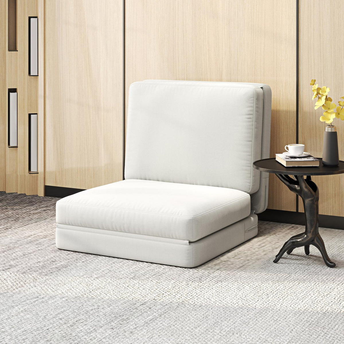 Floor sofa 3-in-1 folding sofa bed with velvet look, upholstered sofa bed can hold up to 240 kg, for bedroom, living room, cream white