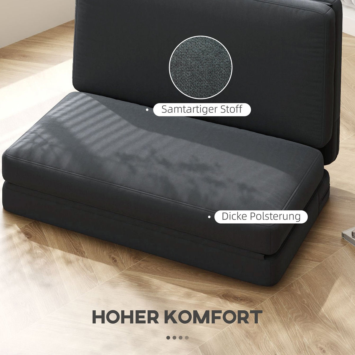 Floor sofa 3-in-1 folding sofa bed with velvet look, upholstered sofa bed can hold up to 240 kg for bedroom, living room, dark gray