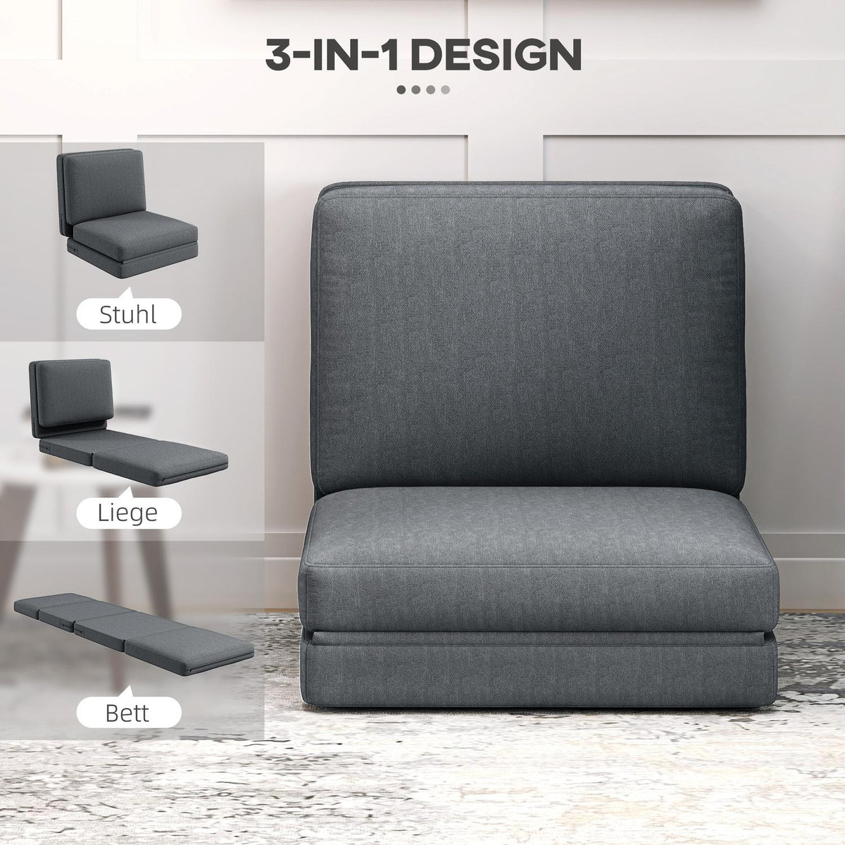Floor sofa 3-in-1 folding sofa bed with velvet look, upholstered sofa bed can hold up to 240 kg, for bedroom, living room, dark gray