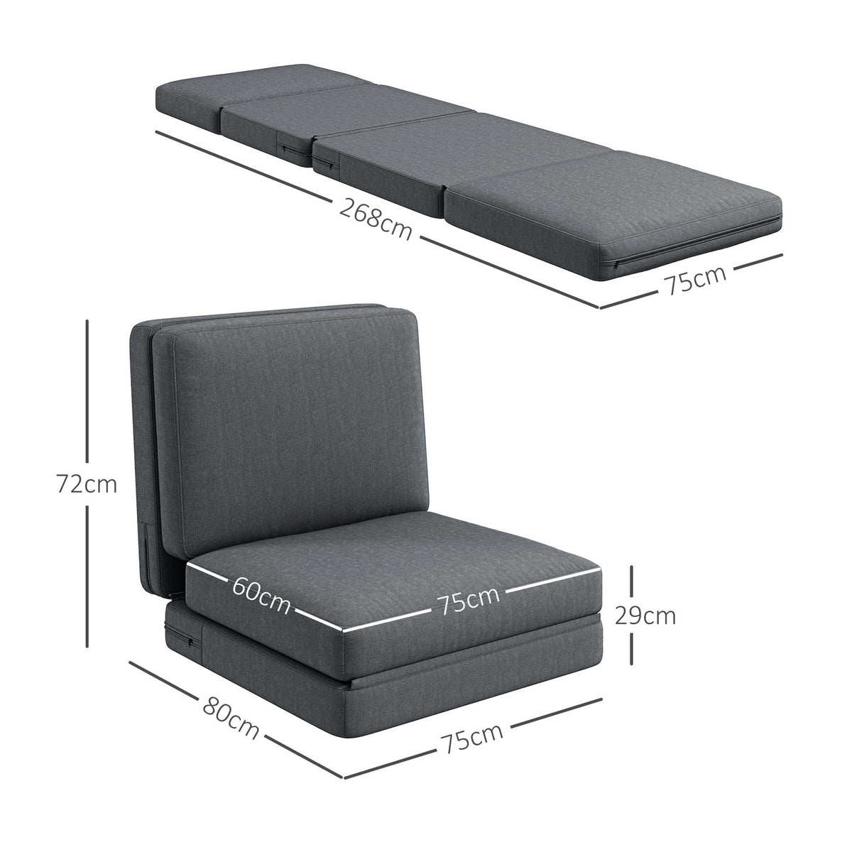 Floor sofa 3-in-1 folding sofa bed with velvet look, upholstered sofa bed can hold up to 240 kg, for bedroom, living room, dark gray