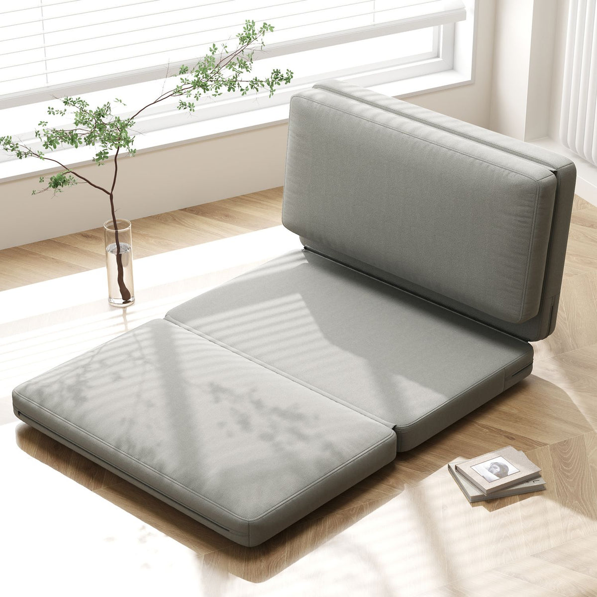Floor sofa 3-in-1 folding sofa bed with velvet look, upholstered sofa bed can hold up to 240 kg for bedroom, living room, light gray