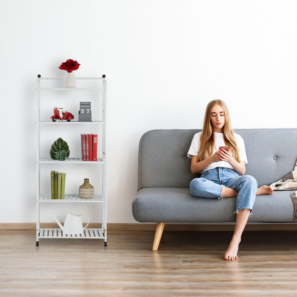 Floor-standing shelf with 5 shelves