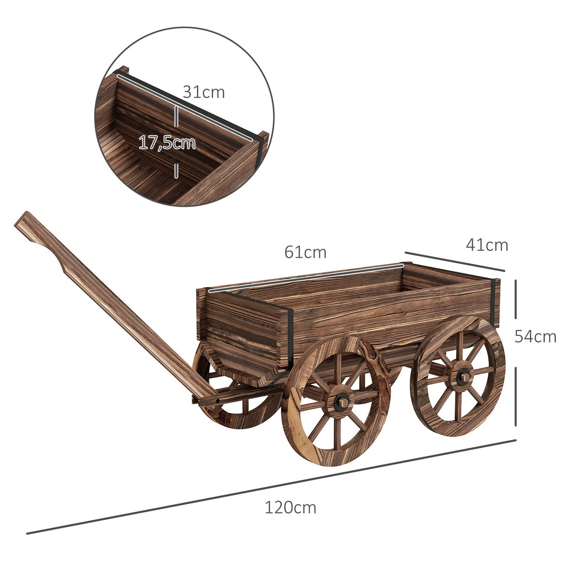 Flower Box In Wooden Trolley Design, Plant Trolley With Handle, Holds Up To 30 Kg, For Garden & Patio, Charred