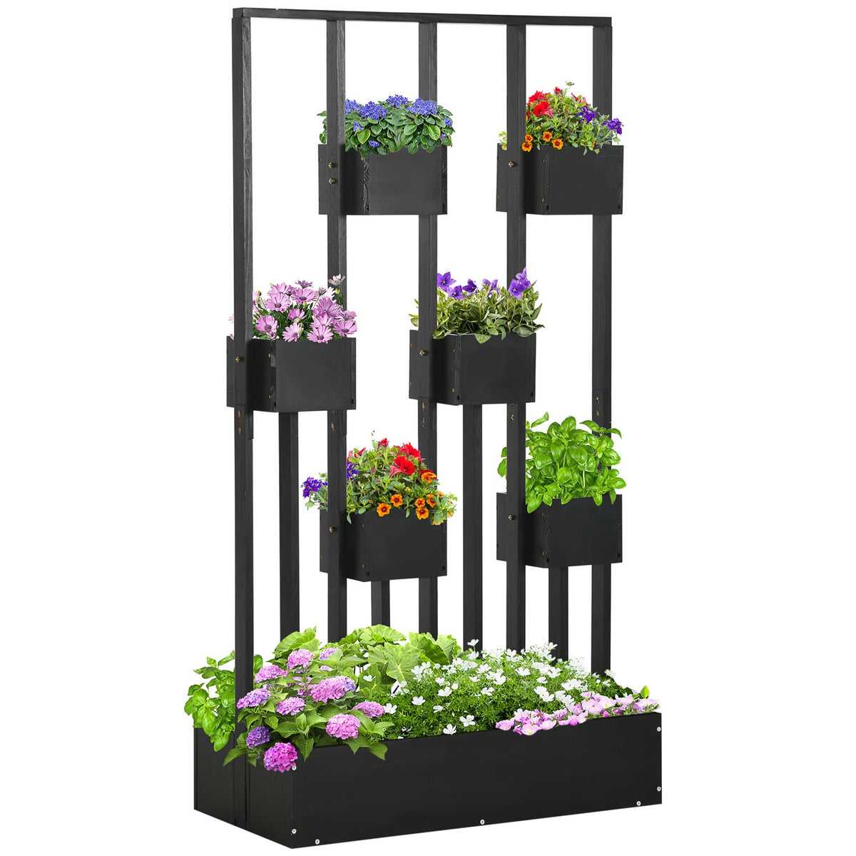 Flower Box, Raised Bed, Plant Box With Trellis, Modular Design, Wall Vegetable Bed For Patio, Solid Wood, Black, 90 X 45 X 170 Cm