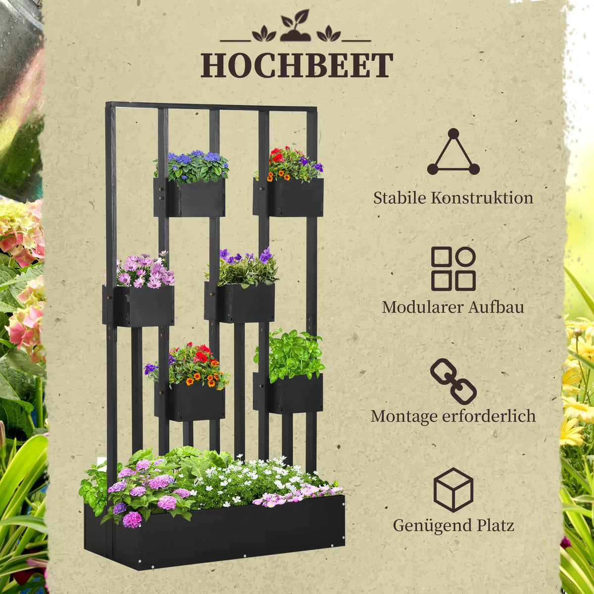 Flower Box, Raised Bed, Plant Box With Trellis, Modular Design, Wall Vegetable Bed For Patio, Solid Wood, Black, 90 X 45 X 170 Cm