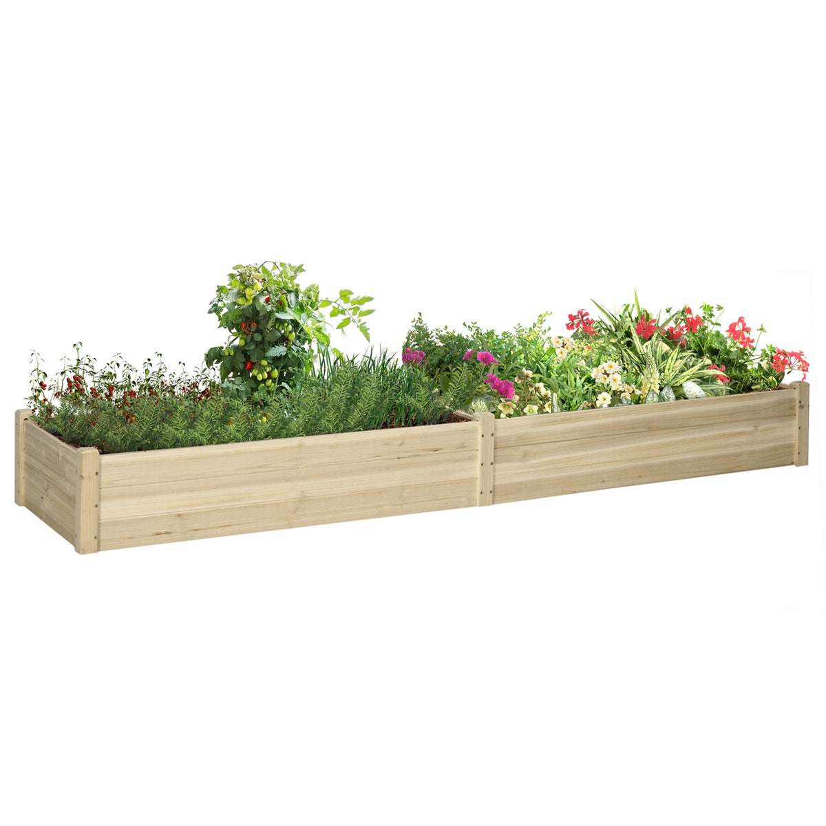 Flower Box Wooden Plant Box With 2 Areas For Vegetables & Herbs, Natural, 244X61.5X27Cm