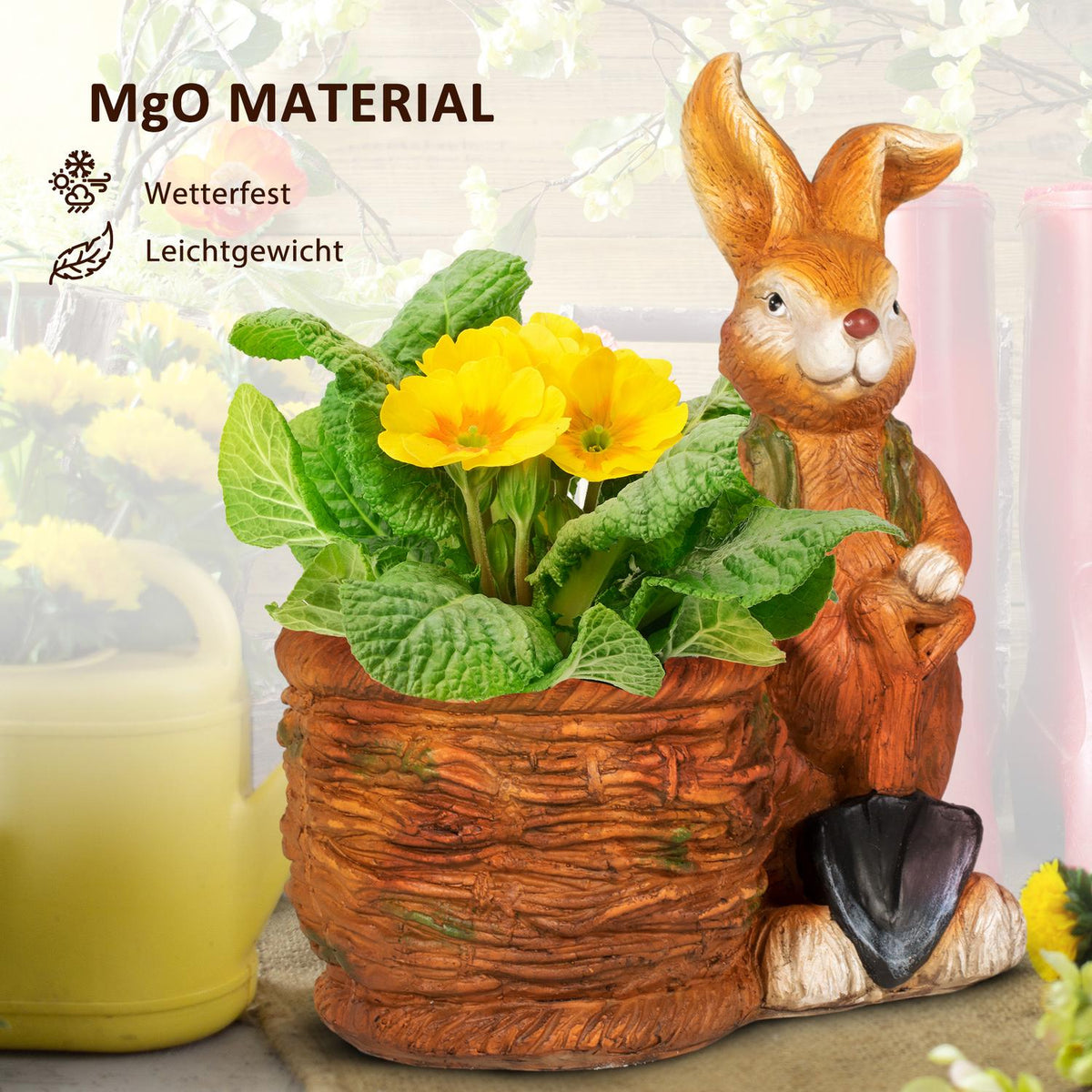 Flower Pot "Rabbit With Wicker Basket" Design, Herb Pot With Drainage Hole, For Garden & Living Room, Mgo