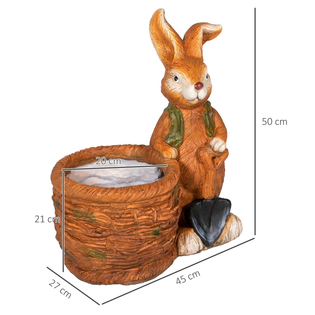 Flower Pot "Rabbit With Wicker Basket" Design, Herb Pot With Drainage Hole, For Garden & Living Room, Mgo