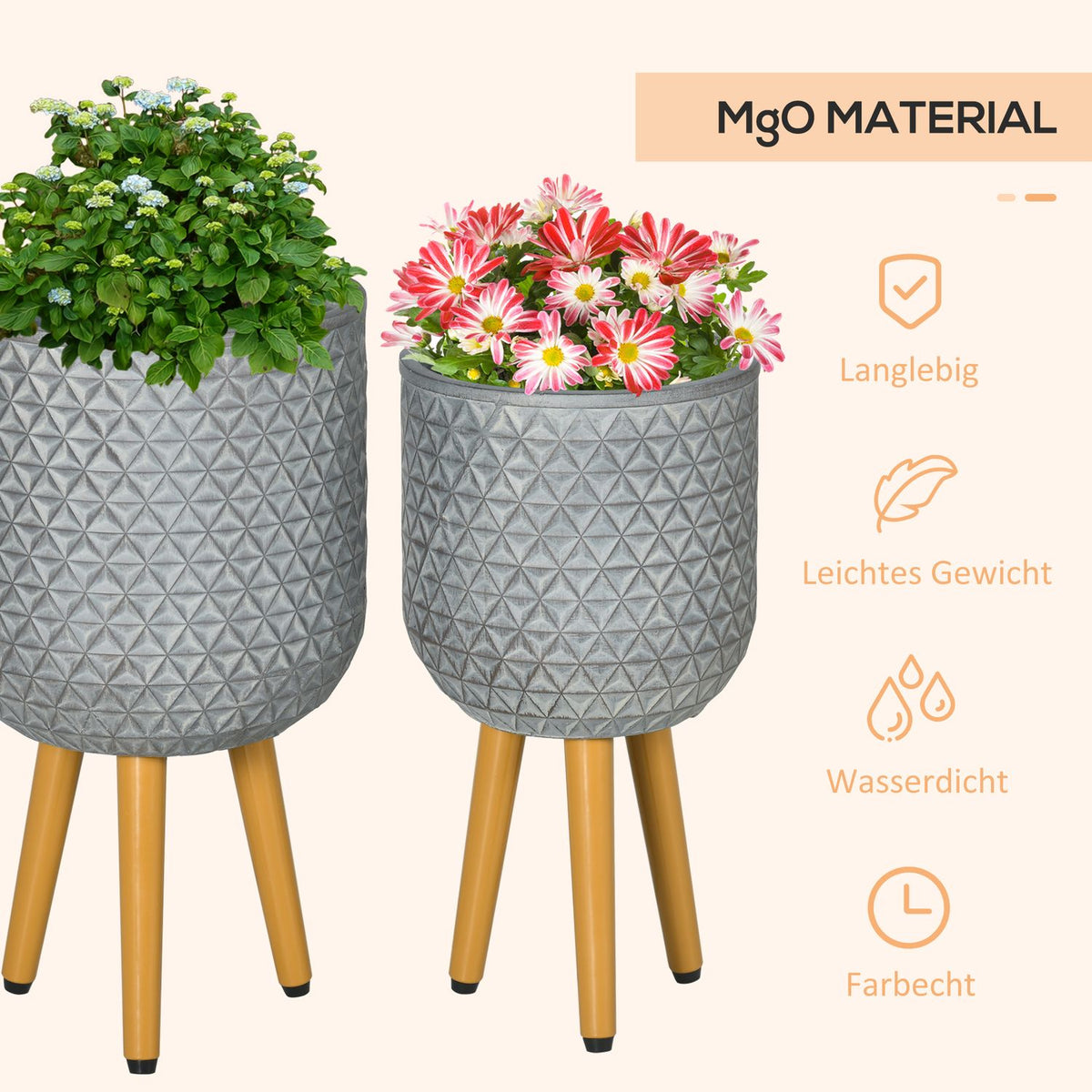 Flower Pots Set Of 2 Plant Pots With Removable Feet & Drainage Holes For Indoor & Outdoor Use Mgo Gray