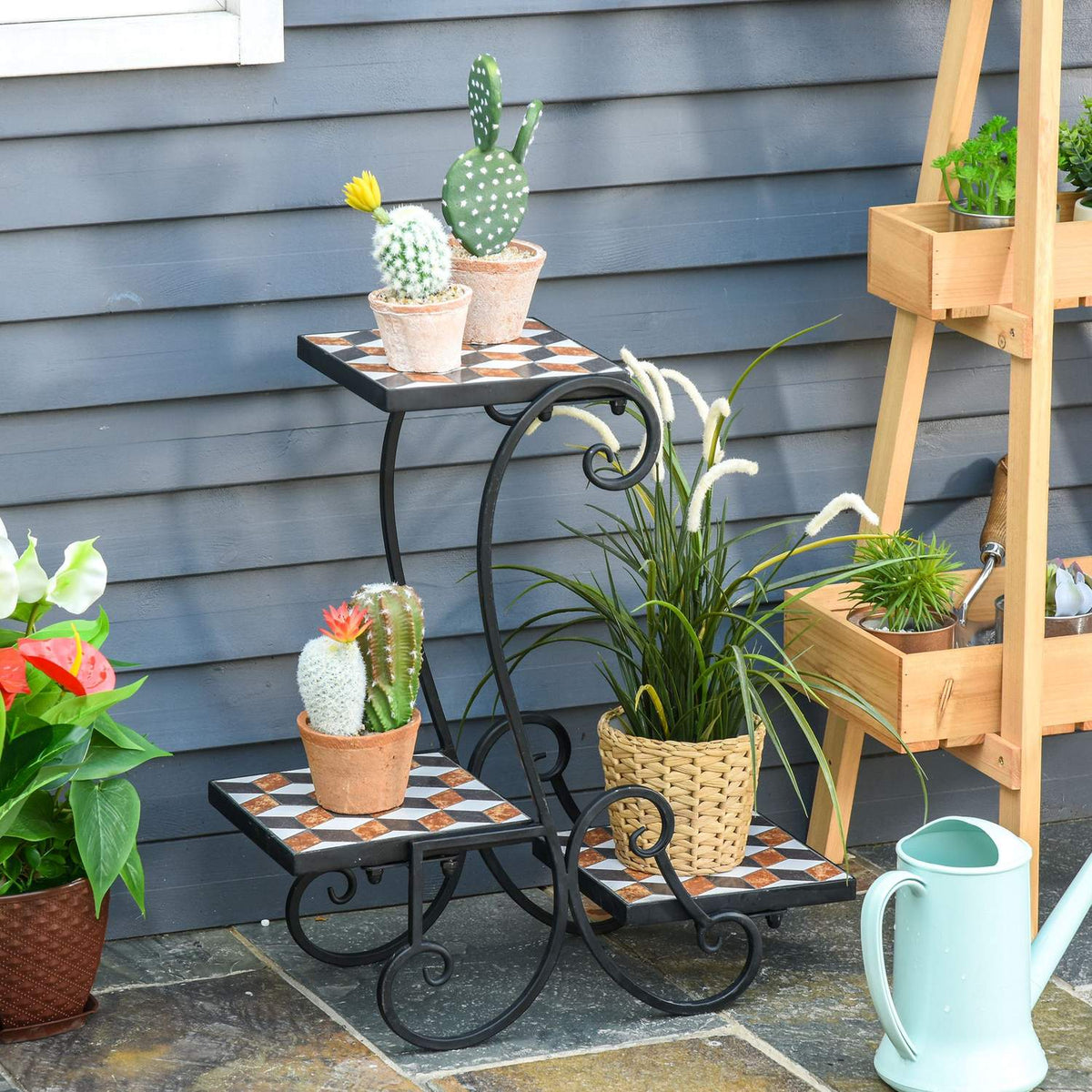 Flower Shelf Plant Stand With Mosaic Table Metal Indoor Outdoor Black