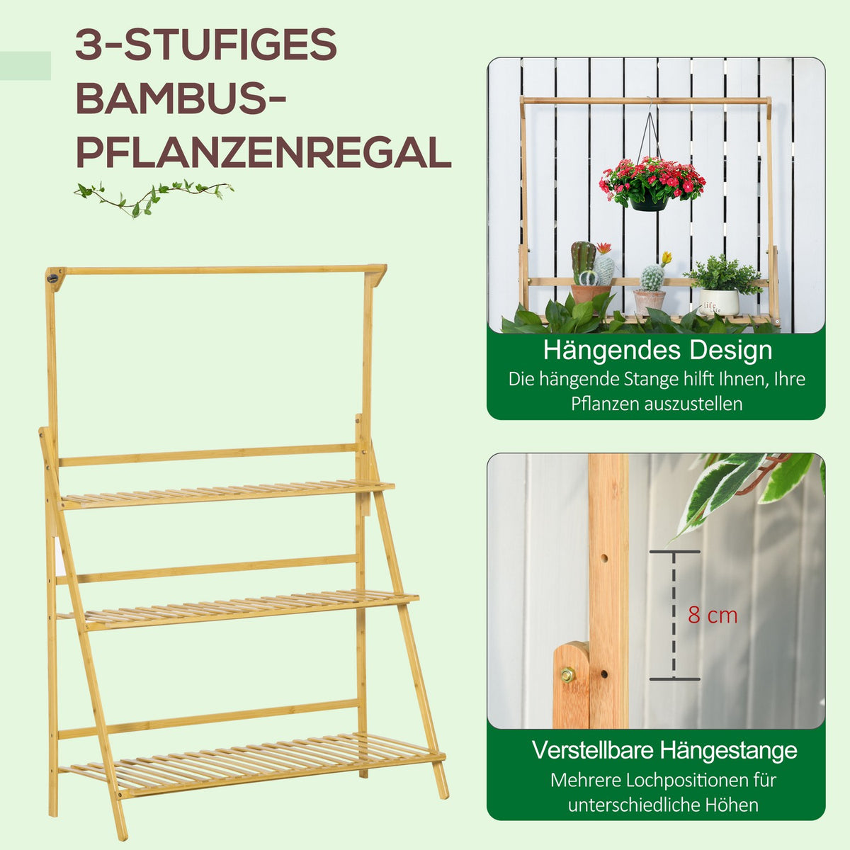 Flower Staircase Wooden Large Ladder Shelf With Adjustable Hanging Height, For Indoor & Outdoor, Natural Bamboo, 100X40X143Cm