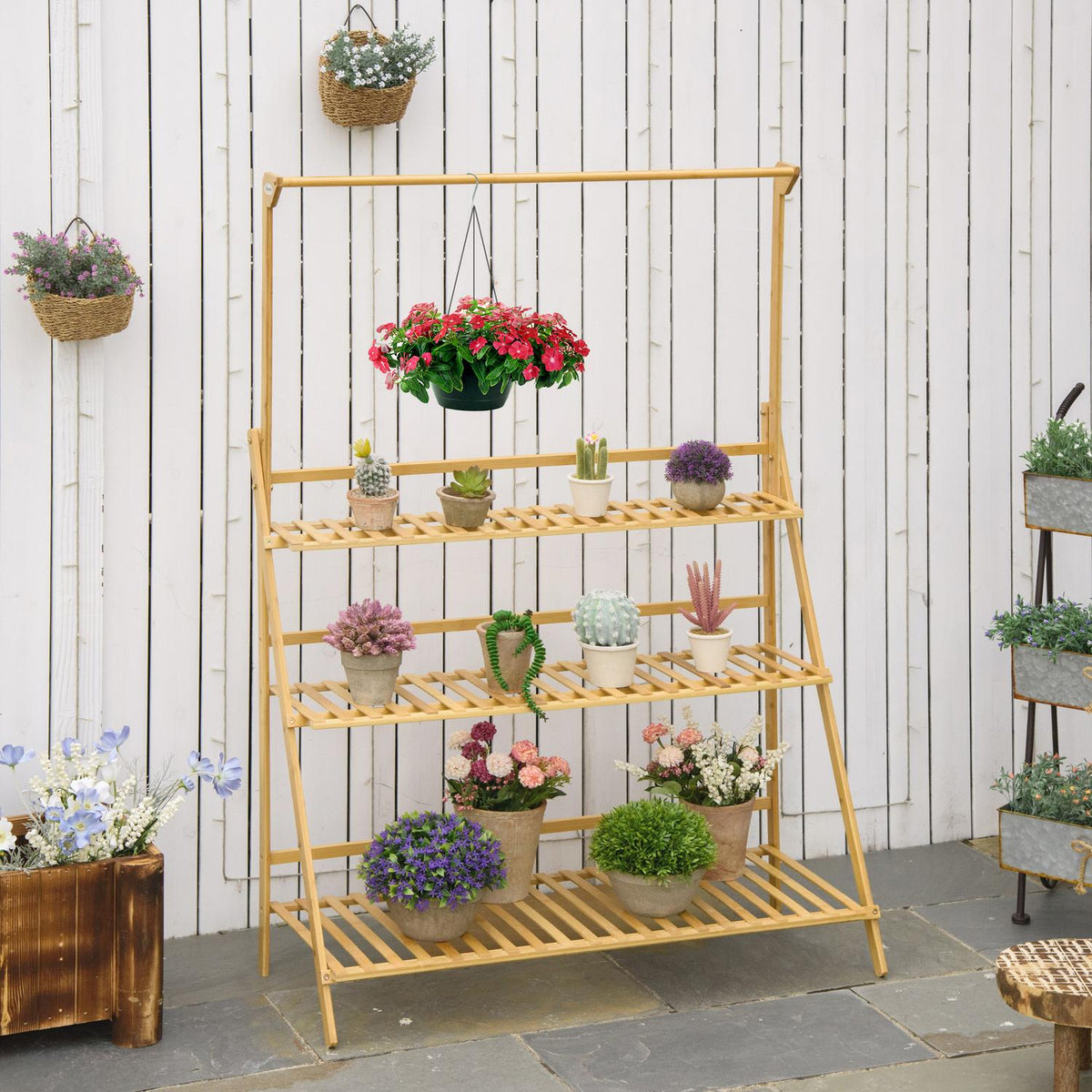Flower Staircase Wooden Large Ladder Shelf With Adjustable Hanging Height, For Indoor & Outdoor, Natural Bamboo, 100X40X143Cm