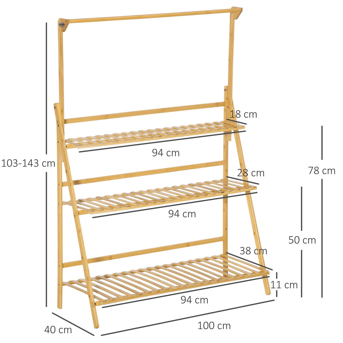 Flower Staircase Wooden Large Ladder Shelf With Adjustable Hanging Height, For Indoor & Outdoor, Natural Bamboo, 100X40X143Cm